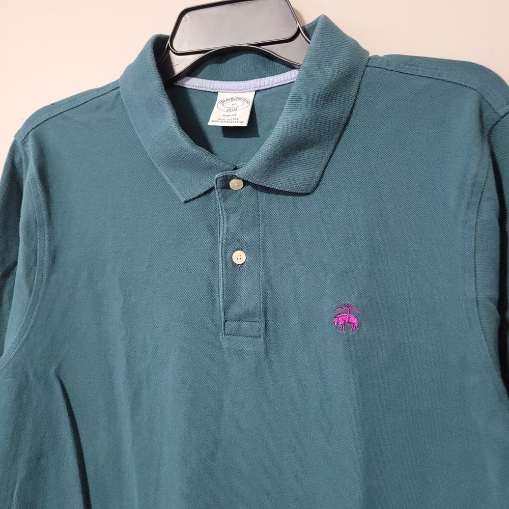 Brooks Brothers 1818 Polo Shirt Mens XL Teal Long Sleeve Cotton Slim Fit Logo